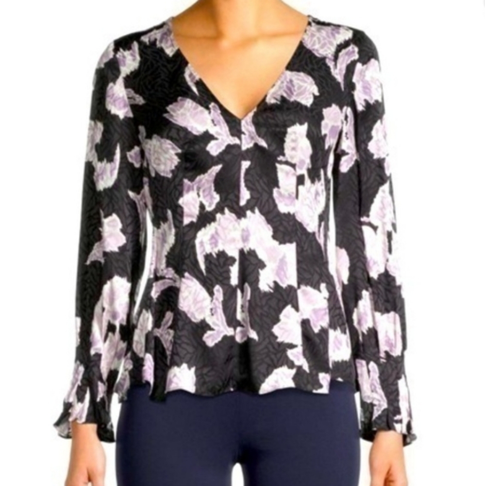 Rebecca Taylor,Size 4,blk.white&purple floral V-neck Long Sleeve Blouse